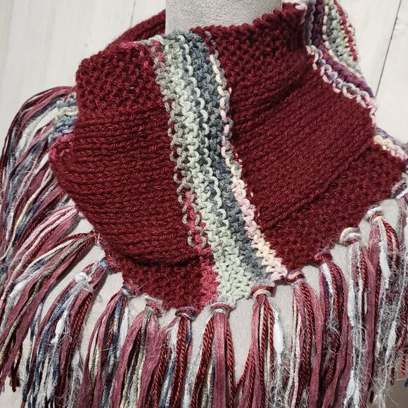NEW Hand Knitted Burgundy Multi Infinity Boho Cowl Scarf Fringe Artsy Indie - Picture 5 of 6
